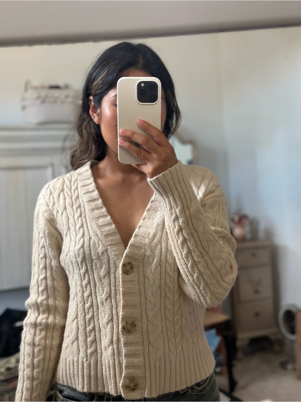 American Eagle Outfitters Cream Cable Knit Button Cardigan